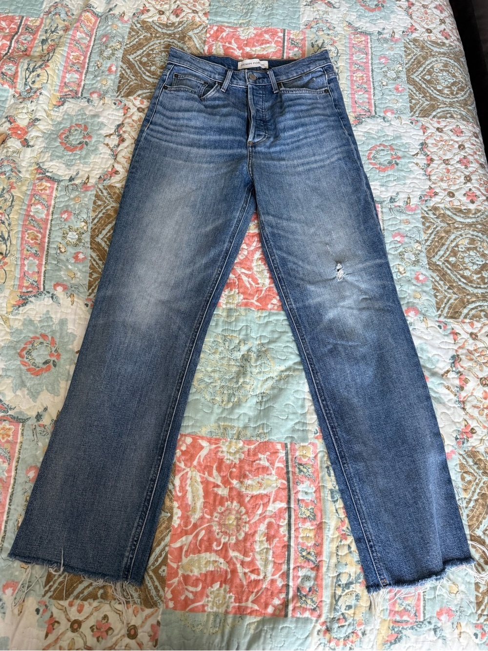 Denim Forum Light Blue Denim Jeans with Tan Stitching The Arlo Highrise Straight - Picture 6 of 14